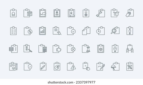 Documents on clipboards, thin line icons set vector illustration. Outline task list and medical form, approved work project with tick, data record with pencil or pen, test questionnaire and contract