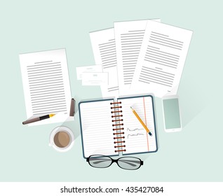 Documents on desk, flat illustration. Isolated objects.