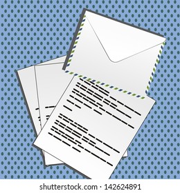 documents and open envelopes, blue background with dots. on white with green edges