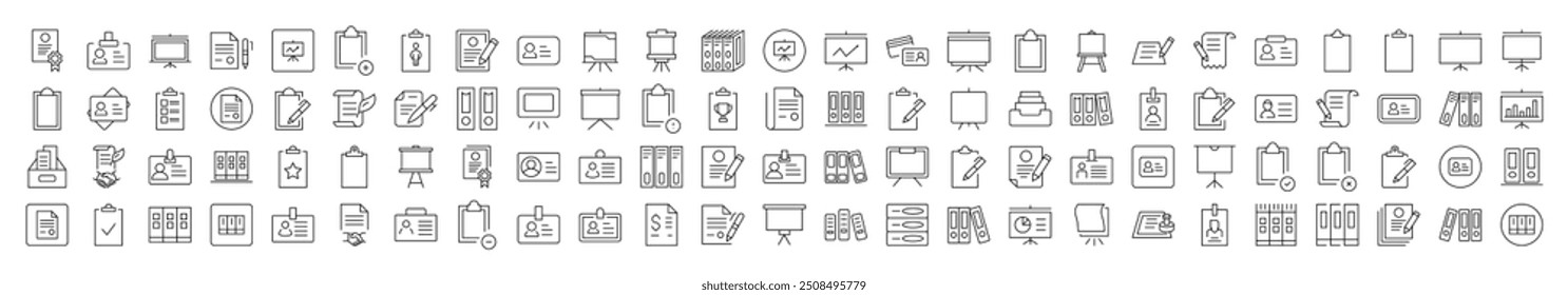 Documents Outline Simple Icons Bundle. Contains Icons of Presentation Board, Clipboard, Contract that Can Be Used for Design of Cards, Posts, Apps, Web Sites