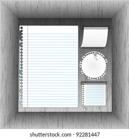 Documents paper pad note  in wooden box.