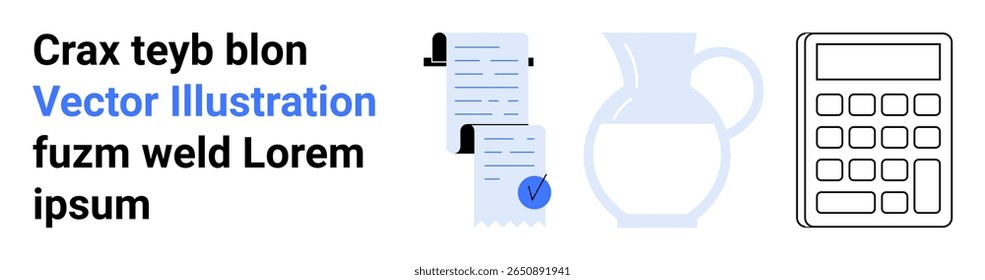 Documents with paper scrolls and checkmarks, a jug, and a calculator. Ideal for business reports, financial planning, office decor, presentations, education materials, infographics, web design