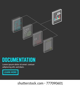 Documents and papers connected. Isometric neon thin line paper docs. Flat style line modern vector illustration with retro colors. Bussines documentation and folder.