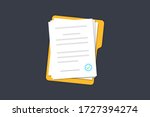 Documents papers. Contract. Folder with stamp and text. Folder and stack of white papers of agreements document with signature and approval stamp. Concept of paperwork. Simple, flat design