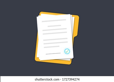 Documents papers. Contract. Folder with stamp and text. Folder and stack of white papers of agreements document with signature and approval stamp. Concept of paperwork. Simple, flat design