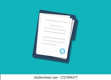 Documents papers. Contract. Folder with stamp and text. Folder and stack of white papers of agreements document with signature and approval stamp. Concept of paperwork. Simple, flat design