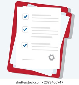 Documents papers. Contract. Folder with stamp and text. Folder and stack of white papers of agreements document with signature and approval stamp. Concept of paperwork. Simple, flat design