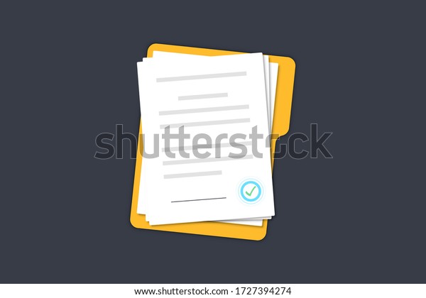 Documents papers. Contract. Folder with stamp and\
text. Folder and stack of white papers of agreements document with\
signature and approval stamp. Concept of paperwork. Simple, flat\
design