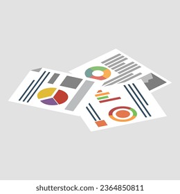 Documents, papers with graphs, flat illustration style