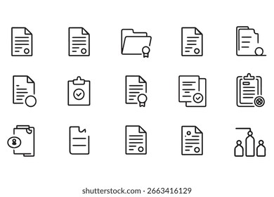 Conjunto de iconos de línea de documentos y papeleo para procesos comerciales y soluciones de gestión de datos con certificaciones