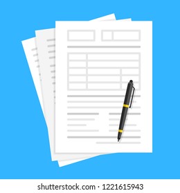 Documents and pen. Filling forms, lot of paper, application form, office work, accounting, paperwork concepts. Flat design. Vector illustration