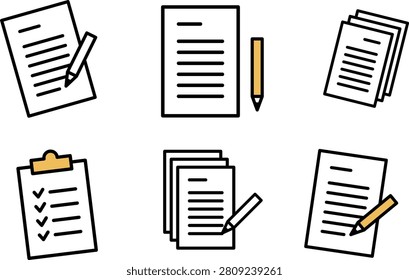 Documents and pen icon set in yellow for office work, task management and project planning, vector illustration