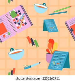 Documents and pencils, calendar and bookmarks, pens and diaries for writing and putting down memos. Houseplant and calendar. Seamless pattern, wallpaper or background print. Vector in flat style