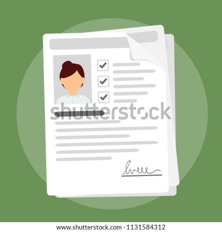 Documents with personal data, paper stack with woman user profile informations and photo, concept of interview job, resume