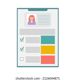 Documents with personal data vector illustration, flat cartoon paper document with user profile data and woman photo, concept of interview job