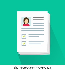 Documents with personal data vector illustration, flat cartoon paper document pile or stack with user profile data and photo, concept of interview job, qualification test evaluation, cv