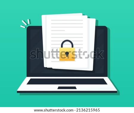 Documents pile with locked access on computer laptop. Vector illustration