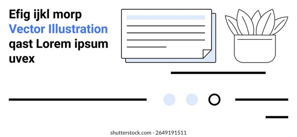 Documents, plant in a pot, abstract lines, and circles. Ideal for productivity, organization, modern design, efficiency, workspaces, simplicity creativity Landing page