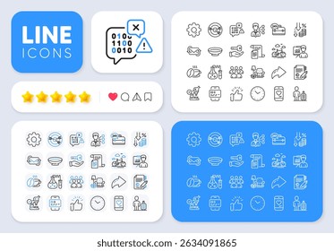 Documents, Presentation and Deflation line icons for web app. Message, Share, Like social media icons. Pack of Baggage, Dish, 24h service pictogram icons. Card, Group, Time signs. Vector