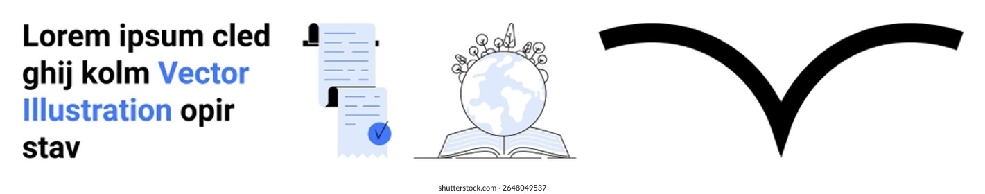 Documents with profile, crowned globe on open book, curved arrow. Ideal for educational content, global learning, documentation processes, branding, environmental themes, knowledge sharing, web