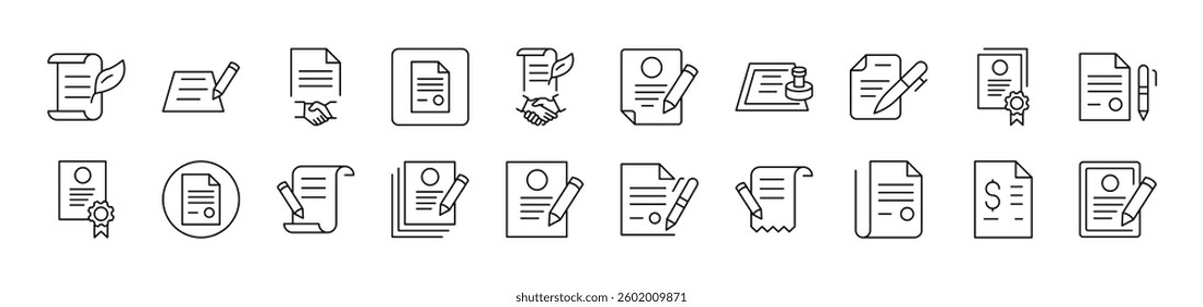 Documents with Quill, Pen, Stamp Related Image Collection. Editable Stroke. Perfect for Infographics, Articles, Books, Flyers, Banners