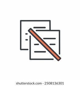 Icono de documentos rechazados. Un icono de línea simple que representa una pila de documentos con una línea diagonal a través de ellos, simbolizando el rechazo o la desaprobación.
