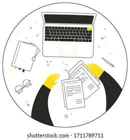 Documents routine vector illustration. Businessman workplace. Hands are holding documents. Hardworking business workspace. 