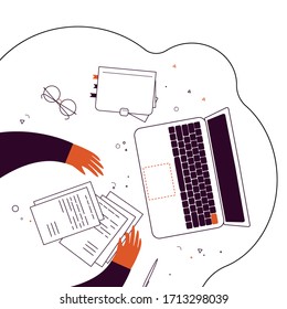 Documents routine vector illustration. Businessman workplace. Hands are holding documents. Hardworking business workspace. Home-office quarantine work process 