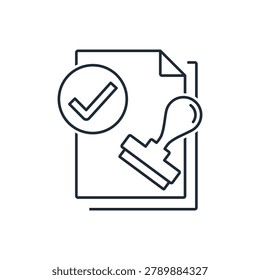 Documents, rubber stamp, and check mark inside a circle. Agreed contract, agreement.Vector linear icon illustration isolated on white background.
