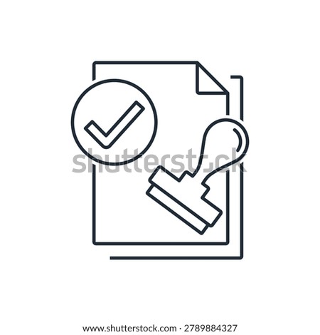 Documents, rubber stamp, and check mark inside a circle. Agreed contract, agreement.Vector linear icon illustration isolated on white background.