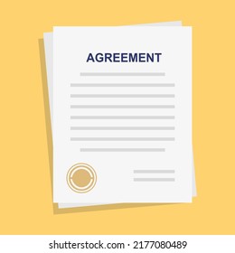 Documents with seal and text. Agreement with approval and seal. A stack of business papers on a yellow background. Vector illustration