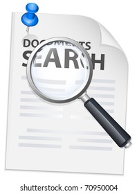 Documents search icon with magnifying glass and push pin. Vector illustration