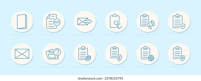 Documents set icon. Folder, restricted document, mail, clipboard with magnifier, campaign clipboard, protected checklist, secure document. Represent secure communication, analysis, and document safety