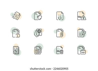 Das Symbol Dokumente setzen. Personalausweis, internationaler Pass, Büroklammer, Papier, elektronisch, Download aus dem Internet, Aktentasche, Literatur, Zeitung. Dateimanagement-Konzept. Vektorliniensymbol