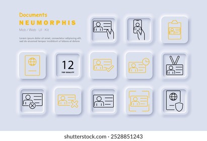 Conjunto de documentos icono. Tarjeta de identificación, pasaporte, verificación, formulario de solicitud, verificación de documentos, ID digital, información personal, vencimiento, rechazo, Aprobación, seguridad