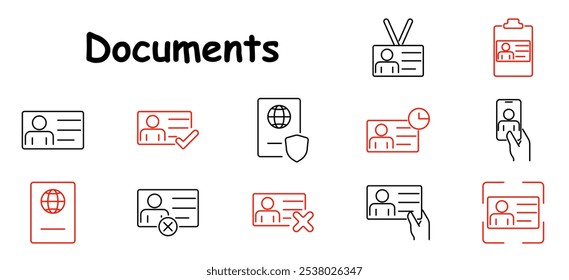 Ícone de conjunto de documentos. Bilhete de identidade, passaporte, verificação, validade, blindagem, área de transferência, perfil, digitalização, aprovação, identidade, acesso, rejeição