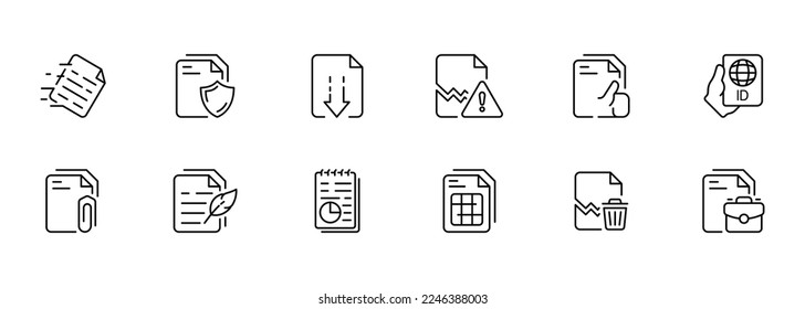 Icono de juego de documentos. Pasaporte internacional, descarga de internet, estadísticas, literatura, clip, bolígrafo, periódico. Concepto de administración de archivos. Icono de línea de vector para empresas