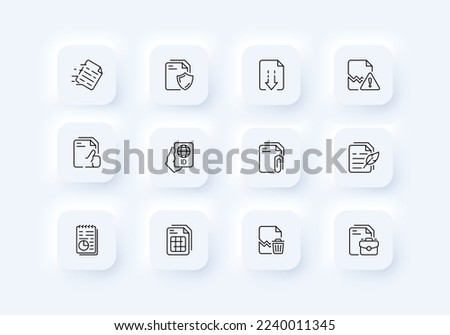 Documents set icon. Paper, insurance, contract, agreement, download, secret archive, international passport, paper clip, schedule, literature, pen. File management concept. Neomorphism style