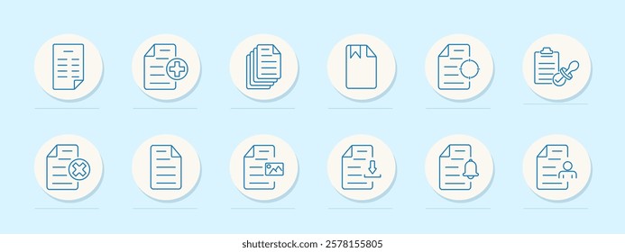 Documents set icon. Paper, medical document, stack of papers, bookmark, clipboard stamp, cancellation, image paper, download, notification, user document. Organization, approvals, record management
