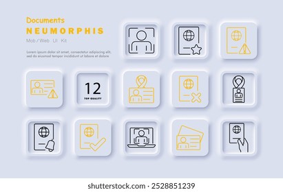 Conjunto de documentos icono. Pasaporte, tarjeta de identificación, insignia, Aprobación, error, alerta, verificación, identidad digital, información personal, seguridad de datos, aplicación de tarjeta.