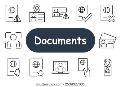 Conjunto de documentos icono. Pasaporte, tarjeta de identificación, símbolo de alerta, marca de verificación, perfil, globo terráqueo y señales de advertencia. Mejor para verificación de identidad, documentación y controles de seguridad