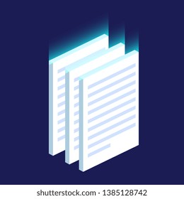 Documents sheets symbol neon isometric blurred vector digital image illustration