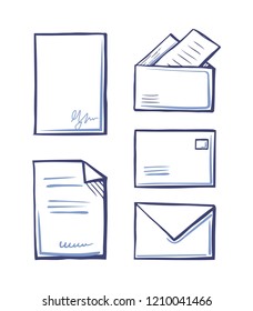 Documents with signature, envelopes and folders isolated icons. Signed contract with text, vector agreements samples. Documentation messages templates