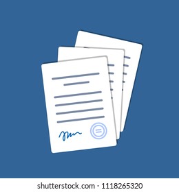 Documents with signature and text. Stack of white papers. Isolated vector illustration in flat design.