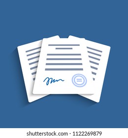 Documents with signature and text. Stack of white papers. Isolated vector illustration in flat design.