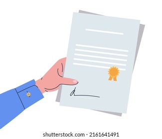 Documents signed and stamped in hand. Transfer of signed contracts. Flat illustration. Eps10