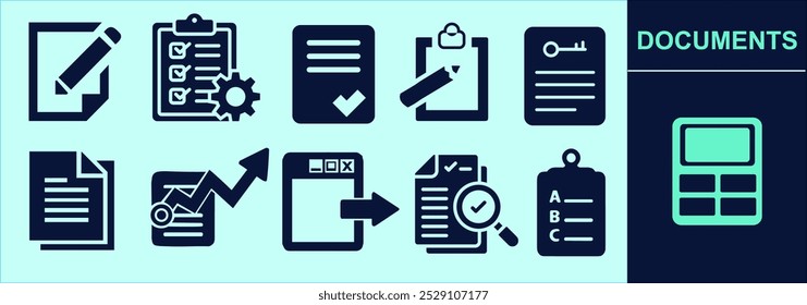 Documenta o conjunto de ícones sólidos para apresentação, explicação, marketing. Documentos silhuetas de arquivos, papelada de escritório, gerenciamento de arquivos, lista de verificação e muito mais. Contorno, tamanho e cor editáveis.