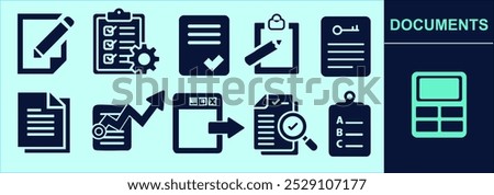 Documents solid icon set for presentation, explanation, marketing. Documents silhouettes of files, office paperwork, file management, checklist and many more. Editable outline, size and color.