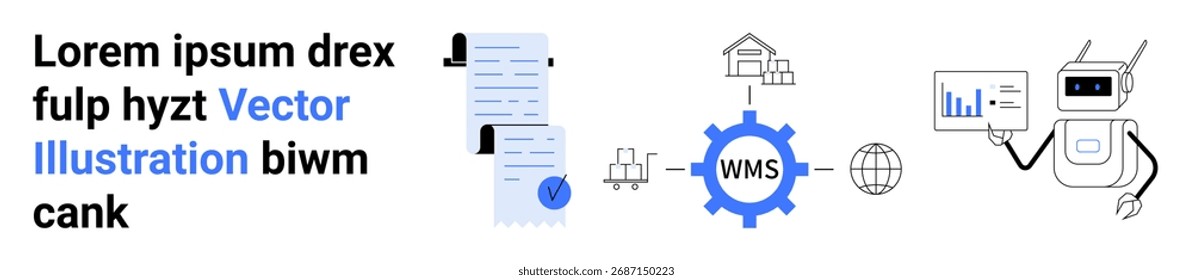 Dokumentenstapel mit Benachrichtigungssymbolen, WMS-Ausrüstung mit globalen Verbindungen, Roboter-Analyse-Diagramm. Ideal für Business Automation, Supply Chain, Technologielösungen, Produktivitätstools, KI, Daten