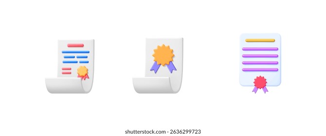 Documents with stamp or certificate icon set in 3d minimal style. Achievement, quality, guarantee, and award concept vector for business.